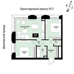 Планировка двухкомнатной(квартира) площадью 62.2 квадратных метров в ЖК “ЖК Шелепиха (Cosmopolit)”