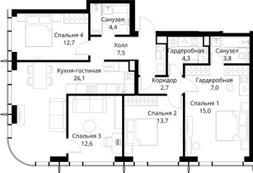 Планировка 4+ комнатной(квартира) площадью 109.8 квадратных метров в ЖК “ЖК Сити Бэй”