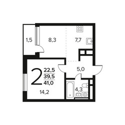 Планировка двухкомнатной(квартира) площадью 41 квадратных метров в ЖК “Новые Ватутинки. Заречный”