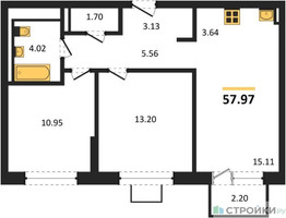 Планировка двухкомнатной(квартира) площадью 57.97 квадратных метров в “ЖК Богдановский Лес”