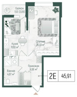 Планировка однокомнатной(квартира) площадью 47.44 квадратных метров в “ЖК Рига Хиллс”