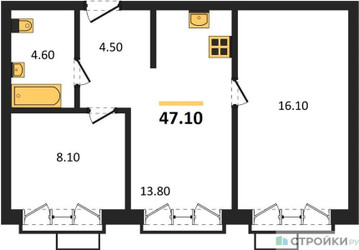 Планировка двухкомнатной(квартира) площадью 47.1 квадратных метров в ЖК “Лесная Коллекция”