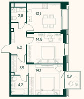 Планировка двухкомнатной(квартира) площадью 67.5 квадратных метров в “ЖК Клубный город на реке Primavera (Примавера)”