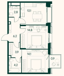 Планировка двухкомнатной(квартира) площадью 67.5 квадратных метров в ЖК “ЖК Клубный город на реке Primavera (Примавера)”