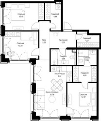 Планировка трехкомнатной(квартира) площадью 95.4 квадратных метров в ЖК “ЖК Сити Бэй”