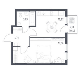 Планировка однокомнатной(квартира) площадью 39.04 квадратных метров в ЖК “ЖК Остафьево”