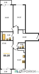 Планировка трехкомнатной(квартира) площадью 75.4 квадратных метров в “ЖК Легендарный квартал на Ботаническом саду”