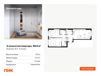 Планировка двухкомнатной(квартира) площадью 68.8 квадратных метров в “ЖК Зеленый парк”