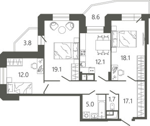 Планировка трехкомнатной(квартира) площадью 89.6 квадратных метров в ЖК “ЖК Советская 18”