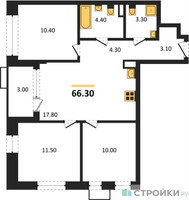 Планировка трехкомнатной(квартира) площадью 66.3 квадратных метров в “ЖК Прокшино”