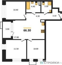 Планировка трехкомнатной(квартира) площадью 66.3 квадратных метров в ЖК “ЖК Прокшино”