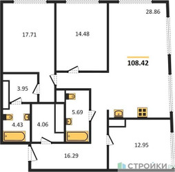 Планировка трехкомнатной(квартира) площадью 113.8 квадратных метров в “ЖК 1-й Нагатинский (Первый Нагатинский)”