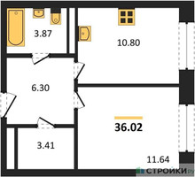 Планировка однокомнатной(квартира) площадью 36.02 квадратных метров в “ЖК Квартал Румянцево (МелиСад)”