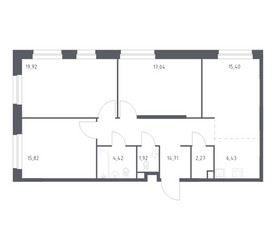 Планировка трехкомнатной(квартира) площадью 97.93 квадратных метров в ЖК “ЖК ЭкоБунино (Южное Бунино)”