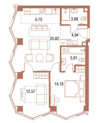 Планировка двухкомнатной(квартира) площадью 67.5 квадратных метров в ЖК “ЖК Симфония 34”