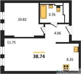 Планировка однокомнатной(квартира) площадью 38.74 квадратных метров в ЖК “ЖК Остафьево”