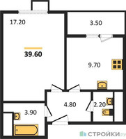 Планировка однокомнатной(квартира) площадью 39.6 квадратных метров в “ЖК Римский”
