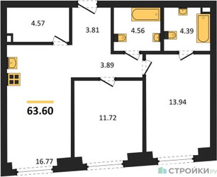Планировка двухкомнатной(квартира) площадью 63.6 квадратных метров в ЖК “ЖК Гранд Фили”
