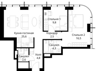 Планировка двухкомнатной(квартира) площадью 66.1 квадратных метров в ЖК “ЖК Сити Бэй”