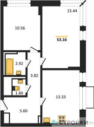 Планировка двухкомнатной(квартира) площадью 53.16 квадратных метров в ЖК “ЖК Рублевский Квартал”