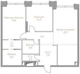 Планировка двухкомнатной(квартира) площадью 89.7 квадратных метров в ЖК “ЖК Коллекция Лужники”