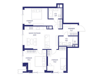 Планировка трехкомнатной(квартира) площадью 82 квадратных метров в ЖК “ЖК Событие”