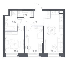 Планировка двухкомнатной(апартаменты) площадью 55.8 квадратных метров в “ЖК Апарт-отель Тропарево парк”