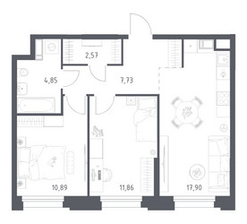 Планировка двухкомнатной(апартаменты) площадью 55.8 квадратных метров в ЖК “ЖК Апарт-отель Тропарево парк”