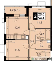 Планировка двухкомнатной(квартира) площадью 54.4 квадратных метров в “ЖК 1-й Измайловский (Первый Измайловский)”