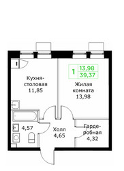 Планировка однокомнатной(квартира) площадью 39.37 квадратных метров в ЖК “ЖК КИТ 2”