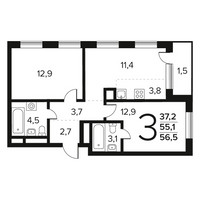 Планировка трехкомнатной(квартира) площадью 56.5 квадратных метров в “Новые Ватутинки. Заречный”