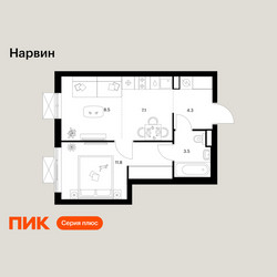 Планировка однокомнатной(квартира) площадью 35.2 квадратных метров в ЖК “Нарвин”