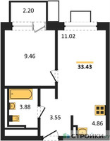 Планировка однокомнатной(квартира) площадью 33.43 квадратных метров в “ЖК Прибрежный Парк”