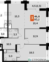 Планировка двухкомнатной(квартира) площадью 83.2 квадратных метров в “ЖК Sydney City (Сидней Сити)”