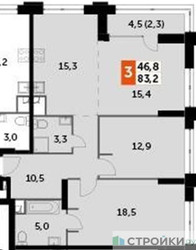 Планировка двухкомнатной(квартира) площадью 83.2 квадратных метров в ЖК “ЖК Sydney City (Сидней Сити)”