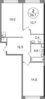 Планировка двухкомнатной(квартира) площадью 59.7 квадратных метров в “ЖК Переделкино Ближнее”