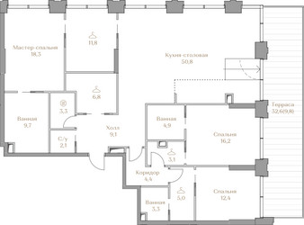 Планировка трехкомнатной(квартира) площадью 161.2 квадратных метров в ЖК “ЖК Коллекция Лужники”