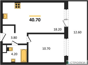 Планировка однокомнатной(квартира) площадью 40.7 квадратных метров в ЖК “ЖК Foreville (Форевилль)”