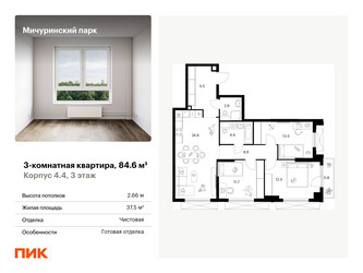Планировка трехкомнатной(квартира) площадью 84.6 квадратных метров в ЖК “ЖК Мичуринский Парк”