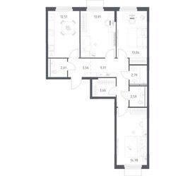 Планировка трехкомнатной(квартира) площадью 78.36 квадратных метров в ЖК “ЖК Мытищи Парк”