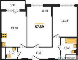 Планировка двухкомнатной(квартира) площадью 57.39 квадратных метров в “ЖК Светлый мир БиоПолис”
