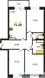 Планировка трехкомнатной(квартира) площадью 71.2 квадратных метров в ЖК “ЖК Пушкино Град”