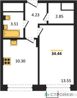 Планировка однокомнатной(квартира) площадью 34.44 квадратных метров в “ЖК Новоград Павлино”