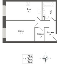 Планировка однокомнатной(квартира) площадью 43.2 квадратных метров в ЖК “ЖК КИНОКВАРТАЛ”