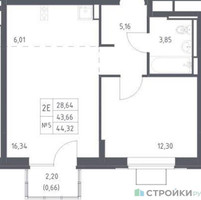 Планировка однокомнатной(квартира) площадью 44.32 квадратных метров в “ЖК Богдановский Лес”