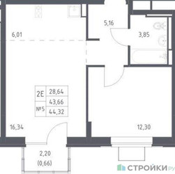 Планировка однокомнатной(квартира) площадью 44.32 квадратных метров в ЖК “ЖК Богдановский Лес”