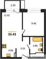 Планировка однокомнатной(квартира) площадью 33.43 квадратных метров в “ЖК Прибрежный Парк”