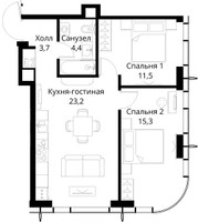 Планировка двухкомнатной(квартира) площадью 58.1 квадратных метров в “ЖК Сити Бэй”