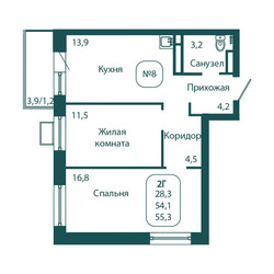 Планировка двухкомнатной(квартира) площадью 55.3 квадратных метров в “ЖК Андреевка Life (Андреевка Лайф)”