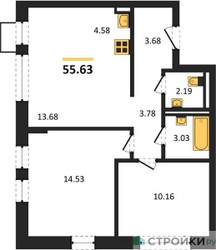 Планировка двухкомнатной(квартира) площадью 55.63 квадратных метров в ЖК “ЖК Квартал Западный”